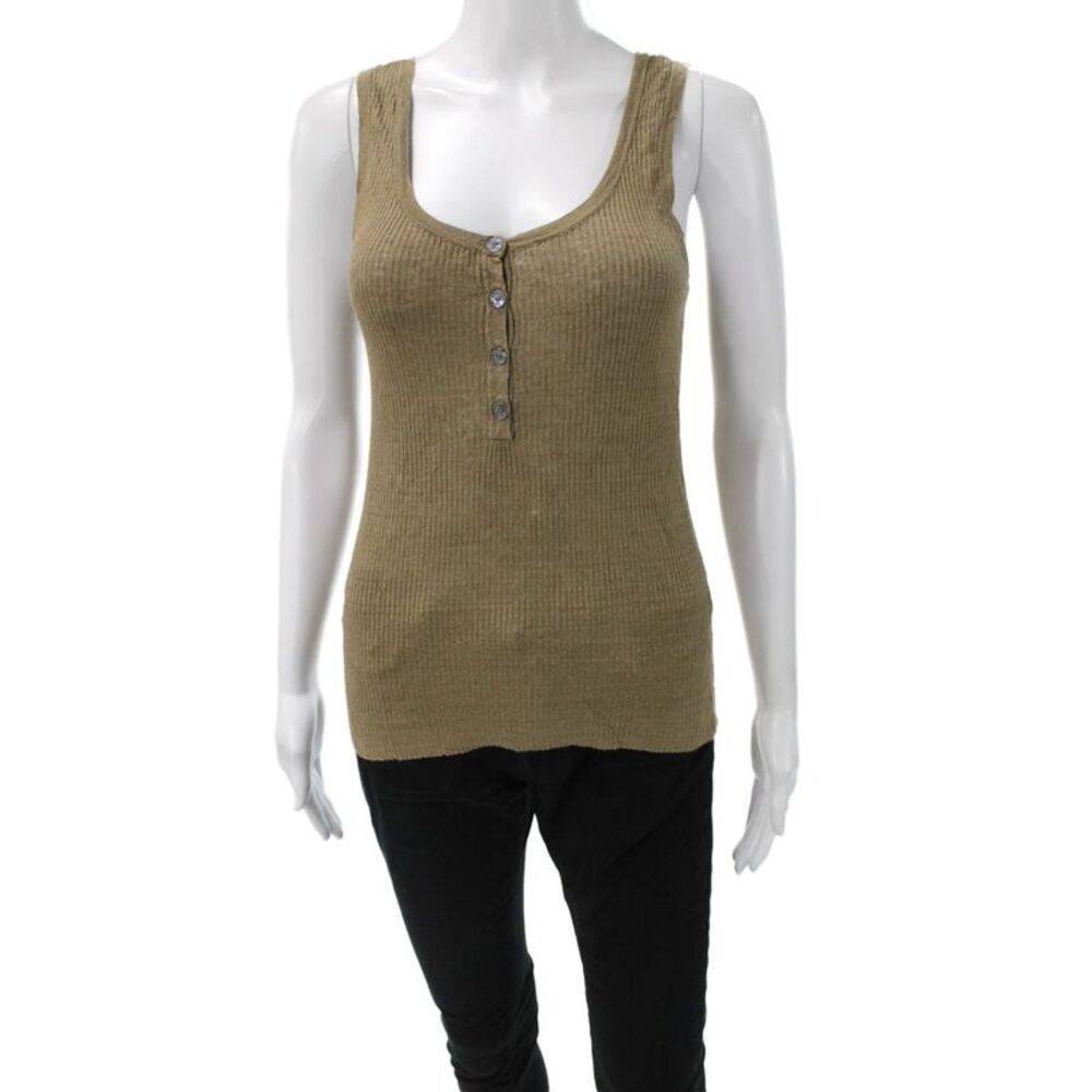 Nili Lotan Women Sleeveless Linen Henley Button Tank Brown Basic Summer Size S